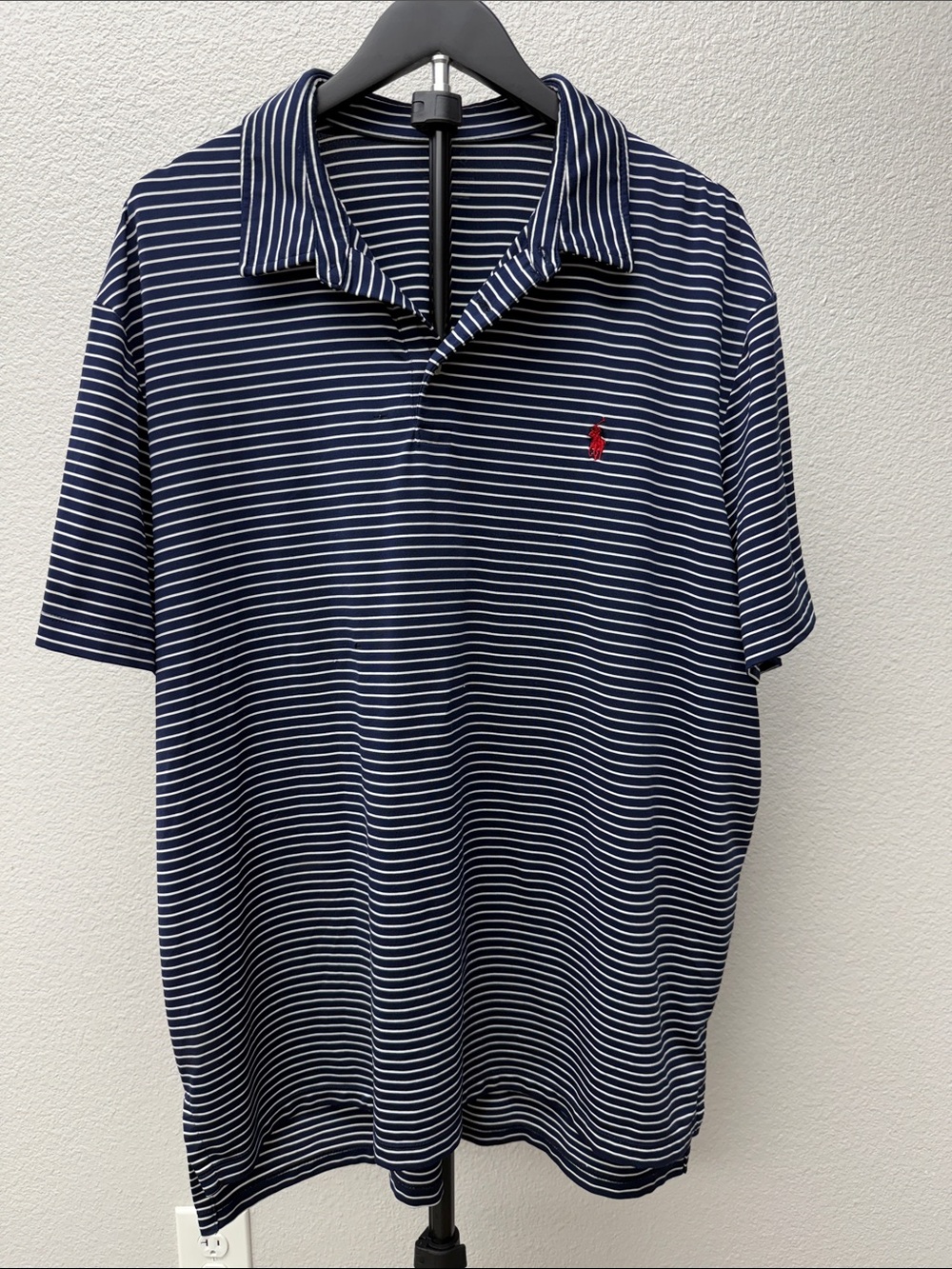 Polo by Ralph Lauren Navy and White Striped Short-Sleeve Polo with Red Logo